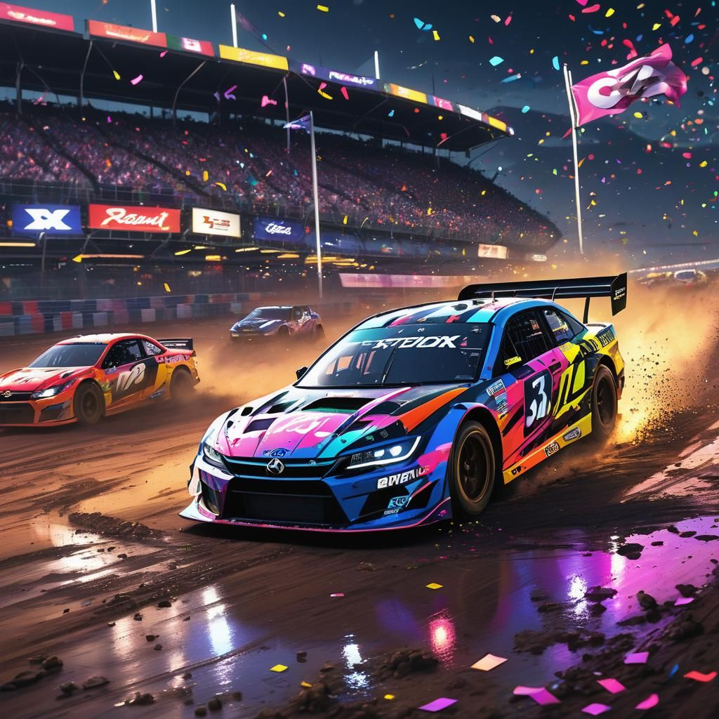 Anime-Style Stock Car Victory Lane in Neon Lights