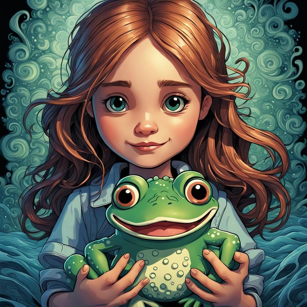 Girl and Frog Plushie in Pixar Comic Style