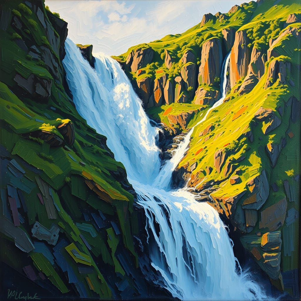Vibrant Impasto Waterfall on Lush Mountain