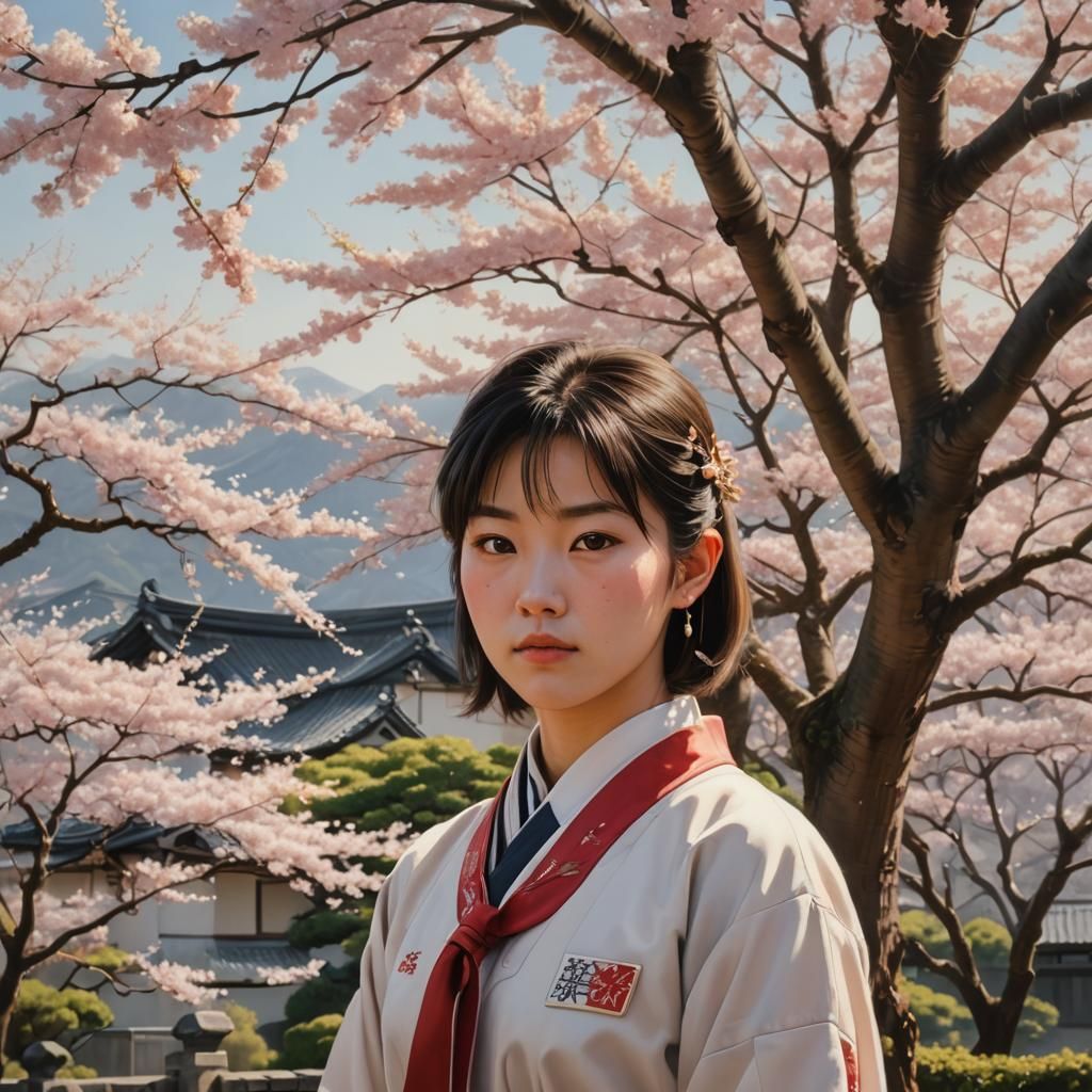 Japanese Schoolgirl Portrait with Cherry Blossoms