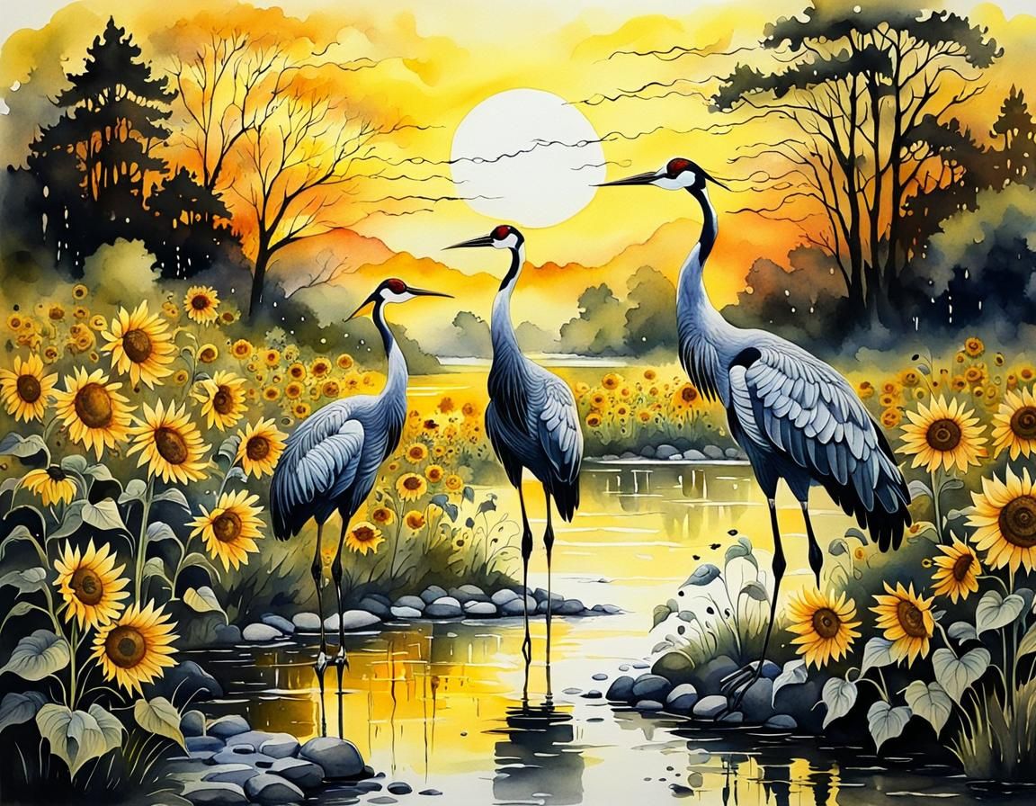 Creek with Cranes: Mystical Watercolor Sunrise