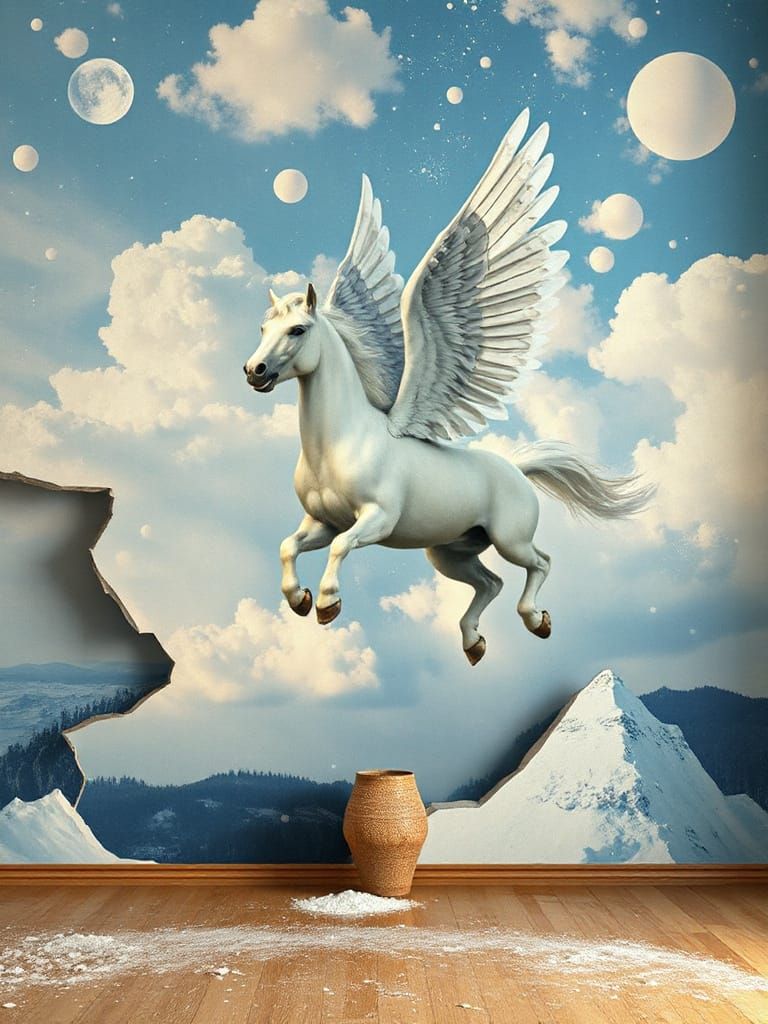 Winter Pegasus Leaps from Fractured Sky in Dreamlike Style