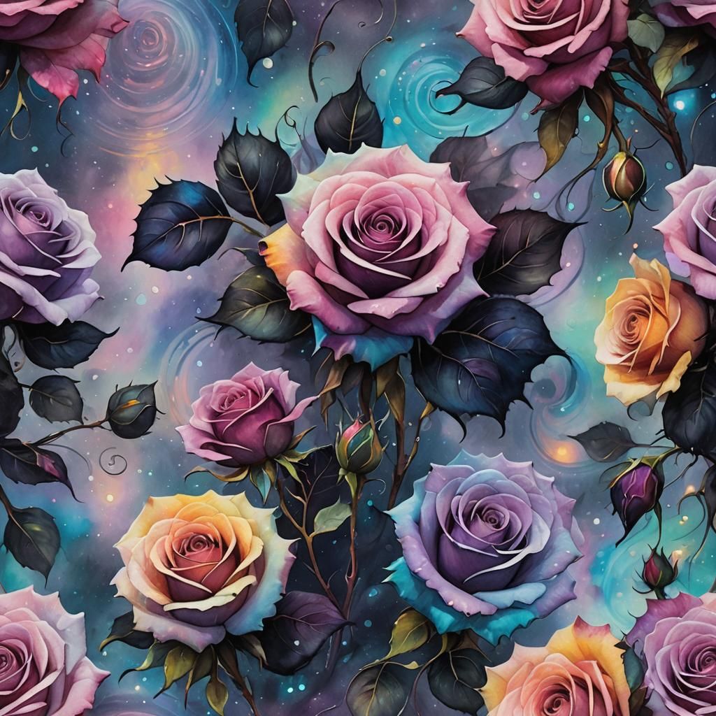 Black Roses in Rainbow Swirl: Ethereal Fantasy