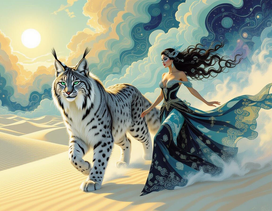 Lynx and Woman Race Across Dreamy Landscape