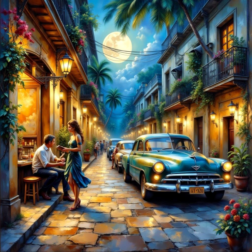 Vibrant Cuban Street Scene with Jazz Player at Night