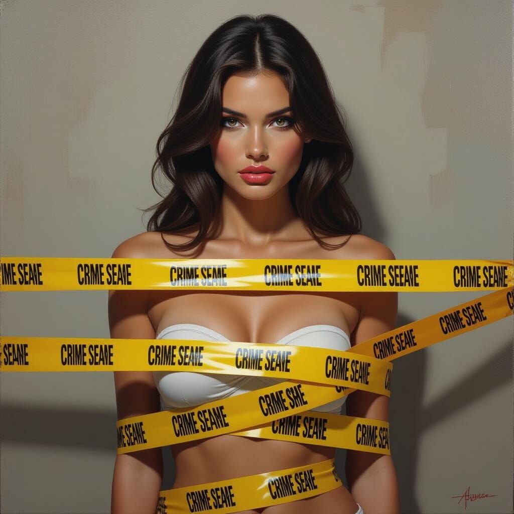 Woman Wrapped in Crime Scene Tape: Oil Painting