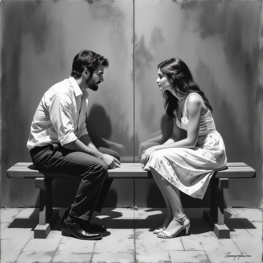 Yearning Couple Separated by Glass Wall in Charcoal Drawing