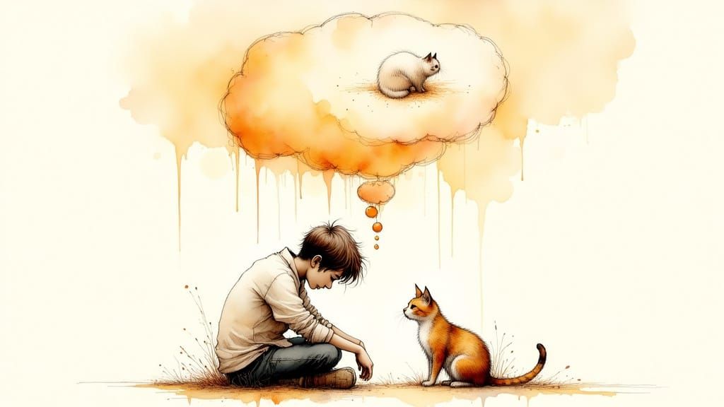 Melancholic Man Remembering Tabby Cat: Watercolor Art