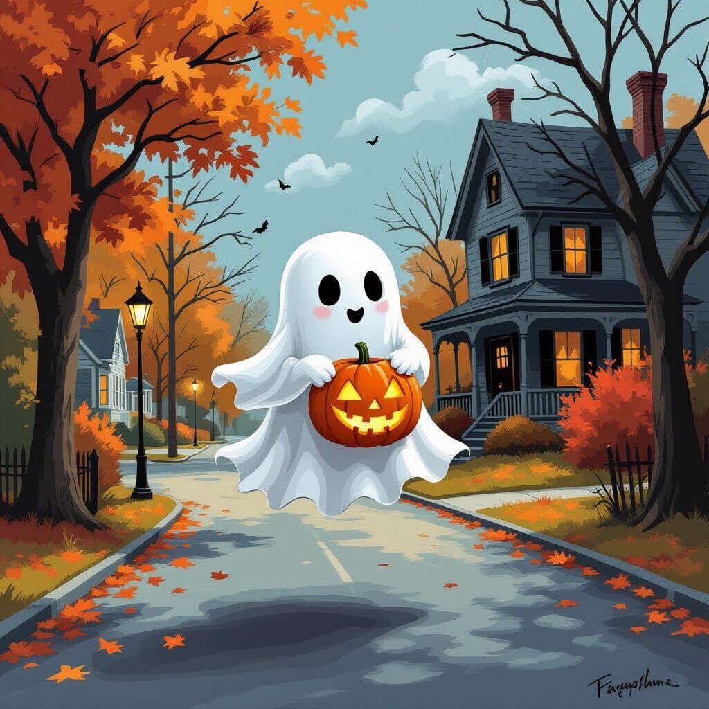 Cute Ghost With Jack O Lantern on Halloween Street