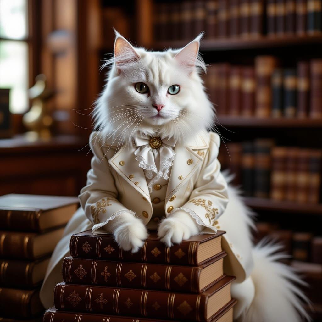 Victorian Cat in Suit on Books