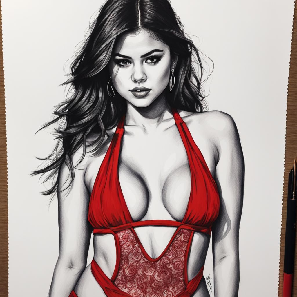 Selena Gomez in Red Bikini: Ink Drawing
