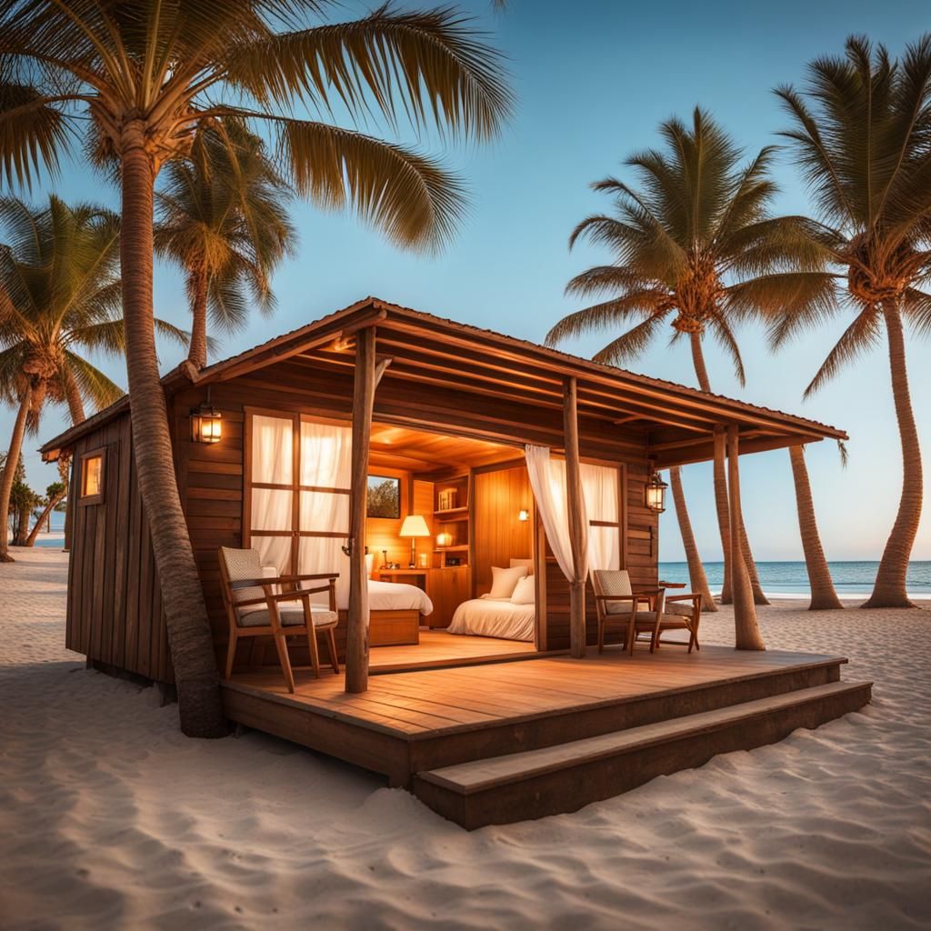 Enchanted Beach Cabin Under Palm Trees