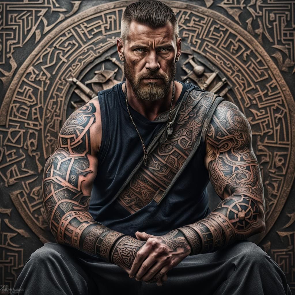 Hyperrealistic Male Warrior with Runic Tattoos