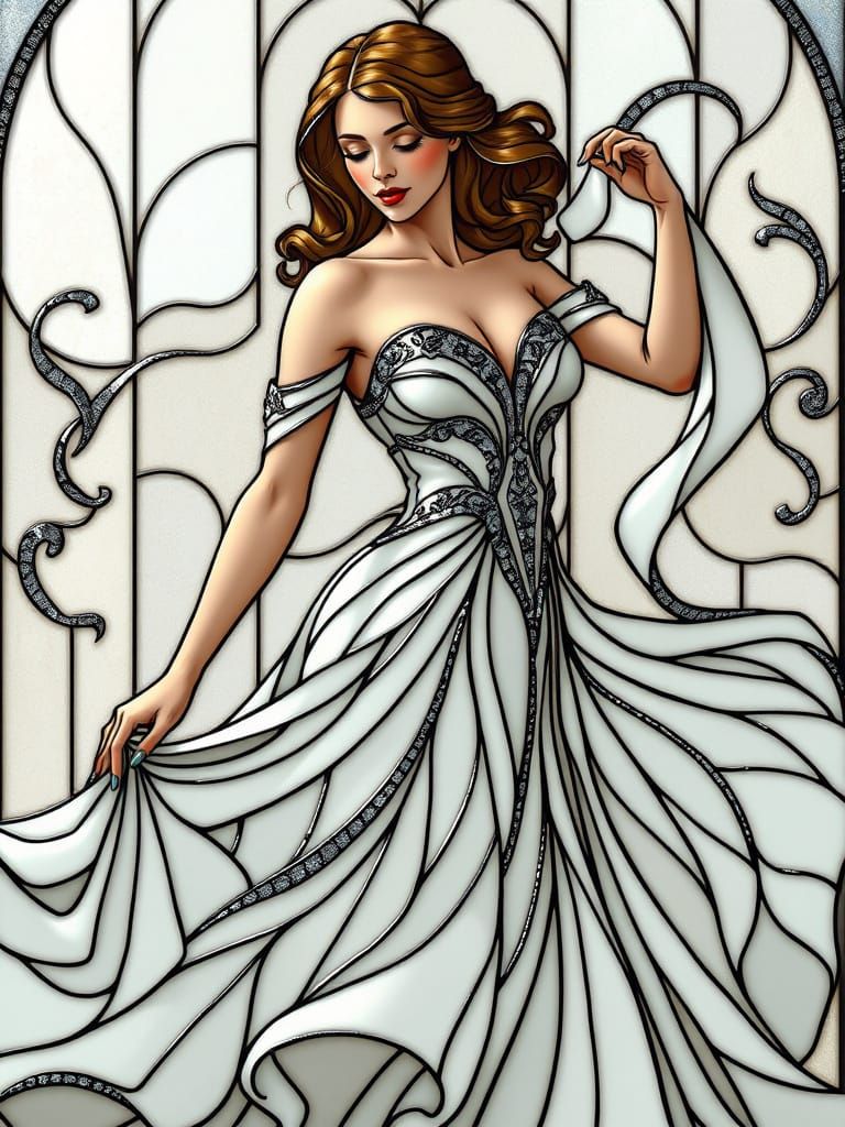 Elegant Woman in Art Nouveau Stained Glass