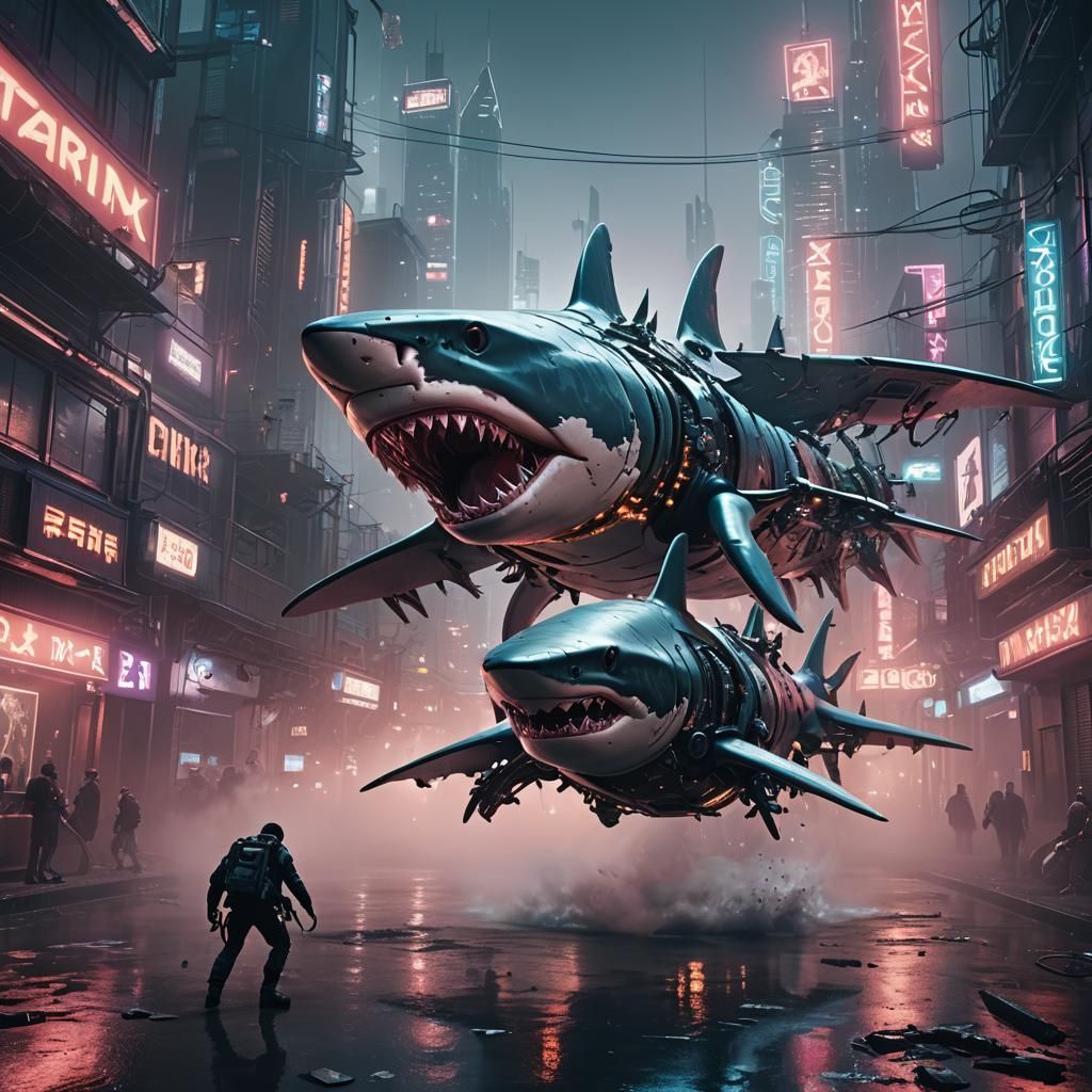 Mechanical Shark Attacks in Futuristic City