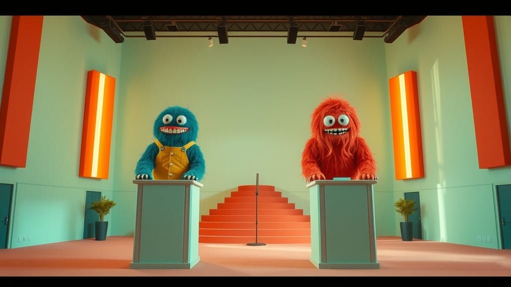 Pastel Liminal Stage Encounter with Two Mascots