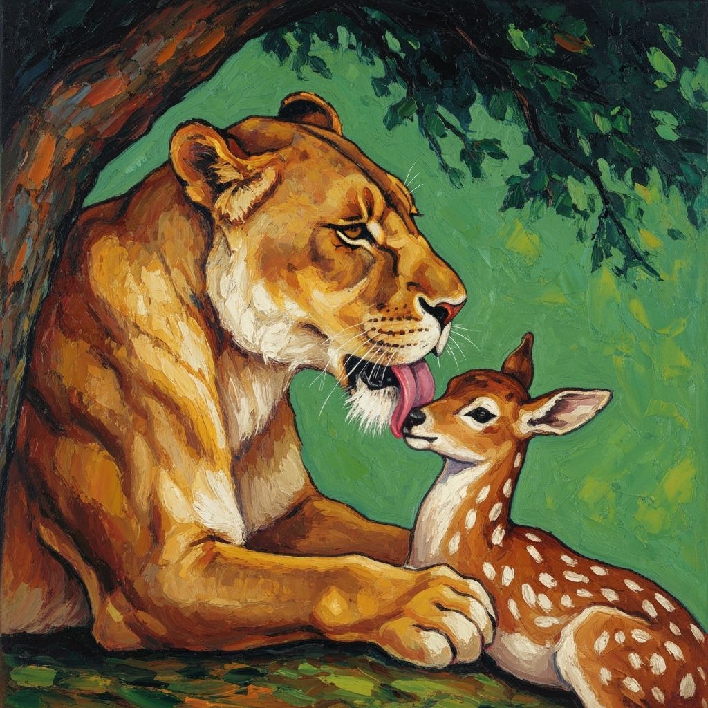 Expressionist Lioness Tends to Fawn in Tree Shade