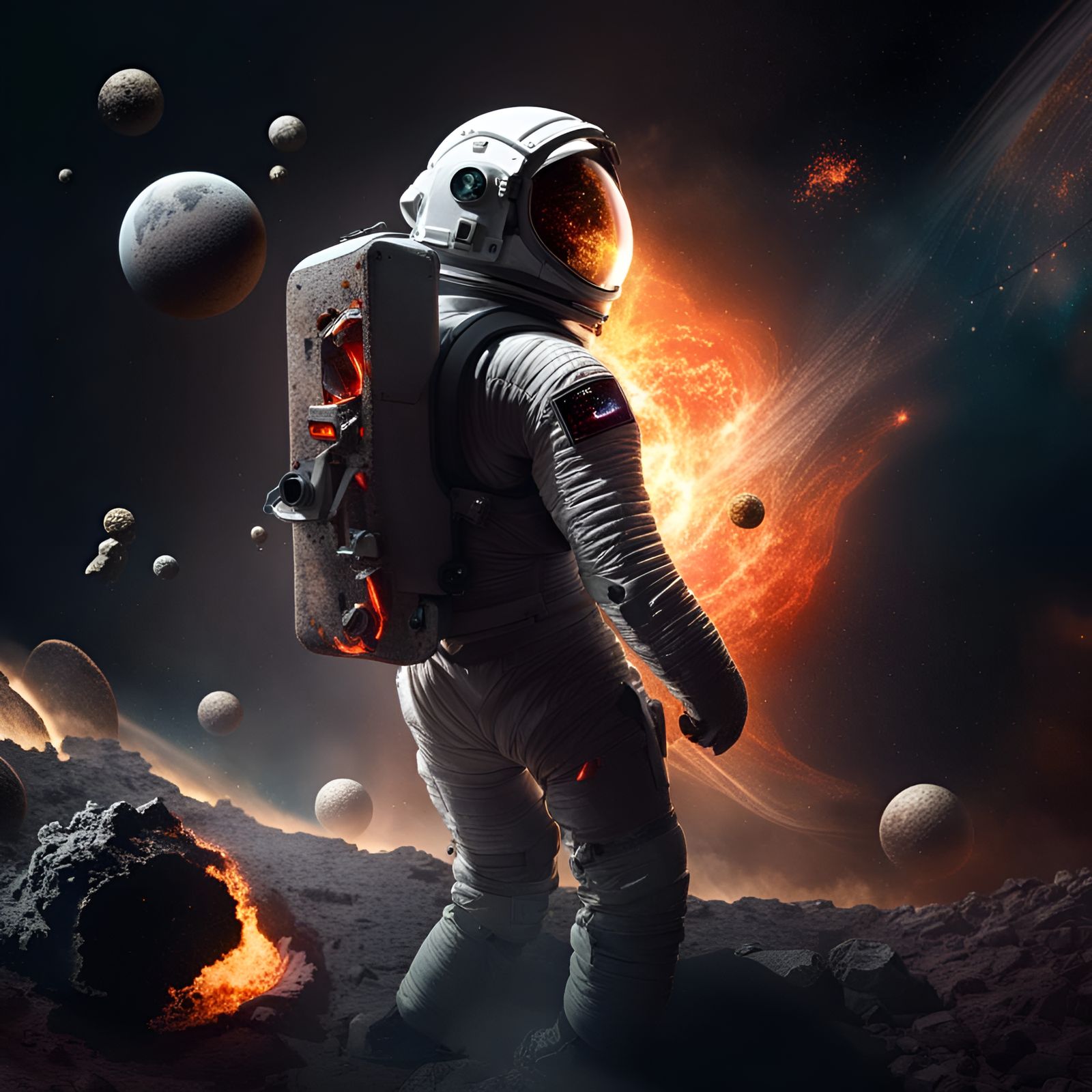 Astronaut on Crumbling Asteroid with Burning Planets