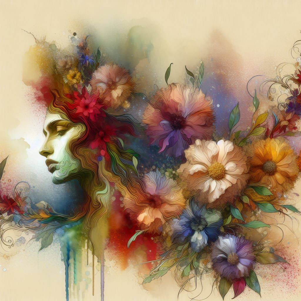 Watercolor Flowers Portrait in Decorative Art Style