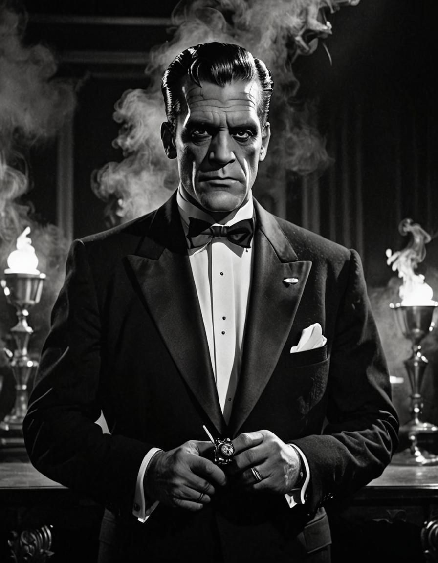 Frankenstein Monster in Tuxedo on Stage, Film Noir