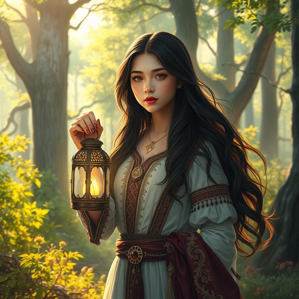 Woman with Lantern in Dreamlike Forest