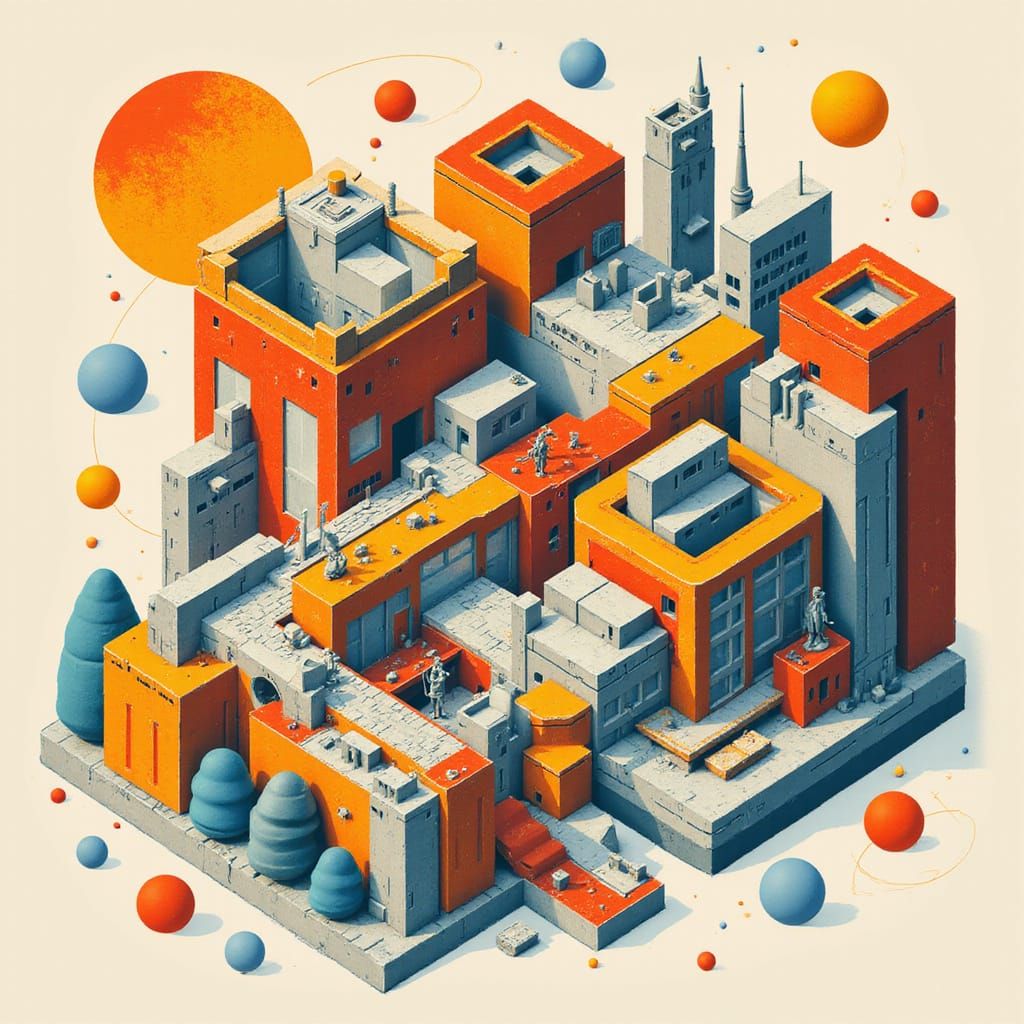 Futuristic Cityscape in Vibrant Monochromatic Cubes