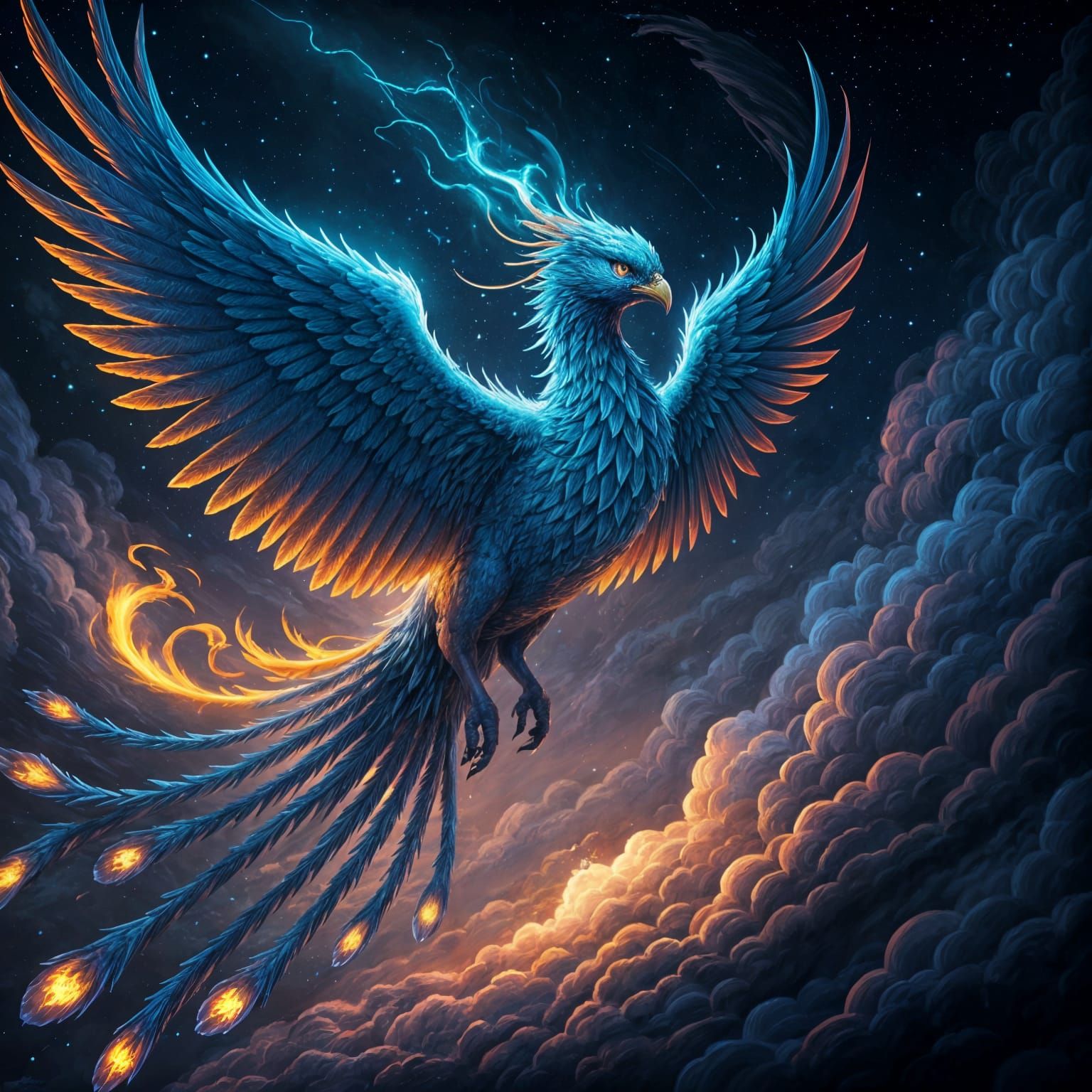 Majestic Blue Phoenix Soars Under Starry Night
