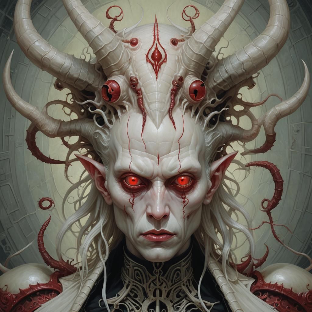 Gothic Horror: Albino Humanoid with Horns and Red Eyes
