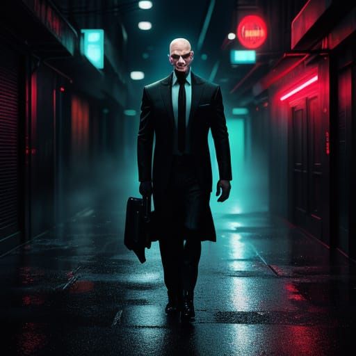 Rainy Night Agent 47 in Film Noir Style