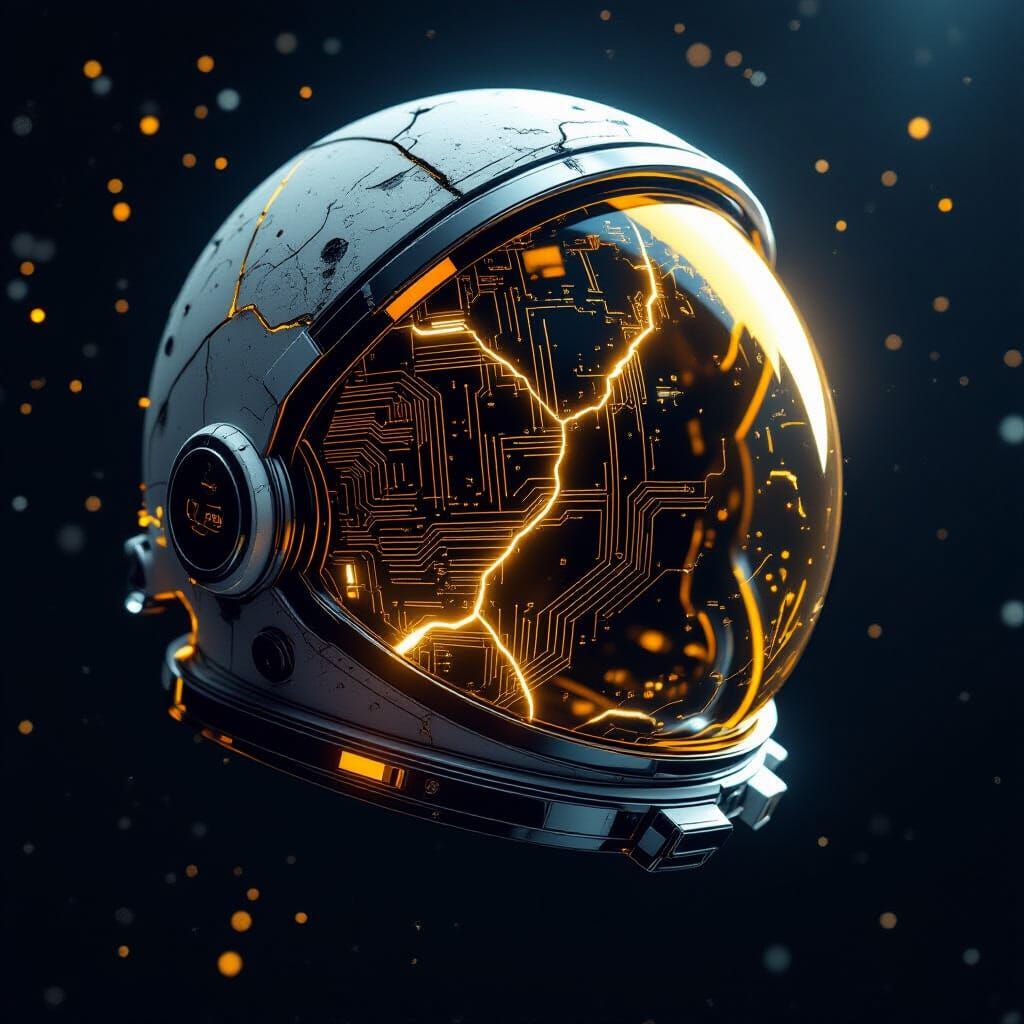 Astronaut Helmet Repaired with Gold in Kintsugi Art Style