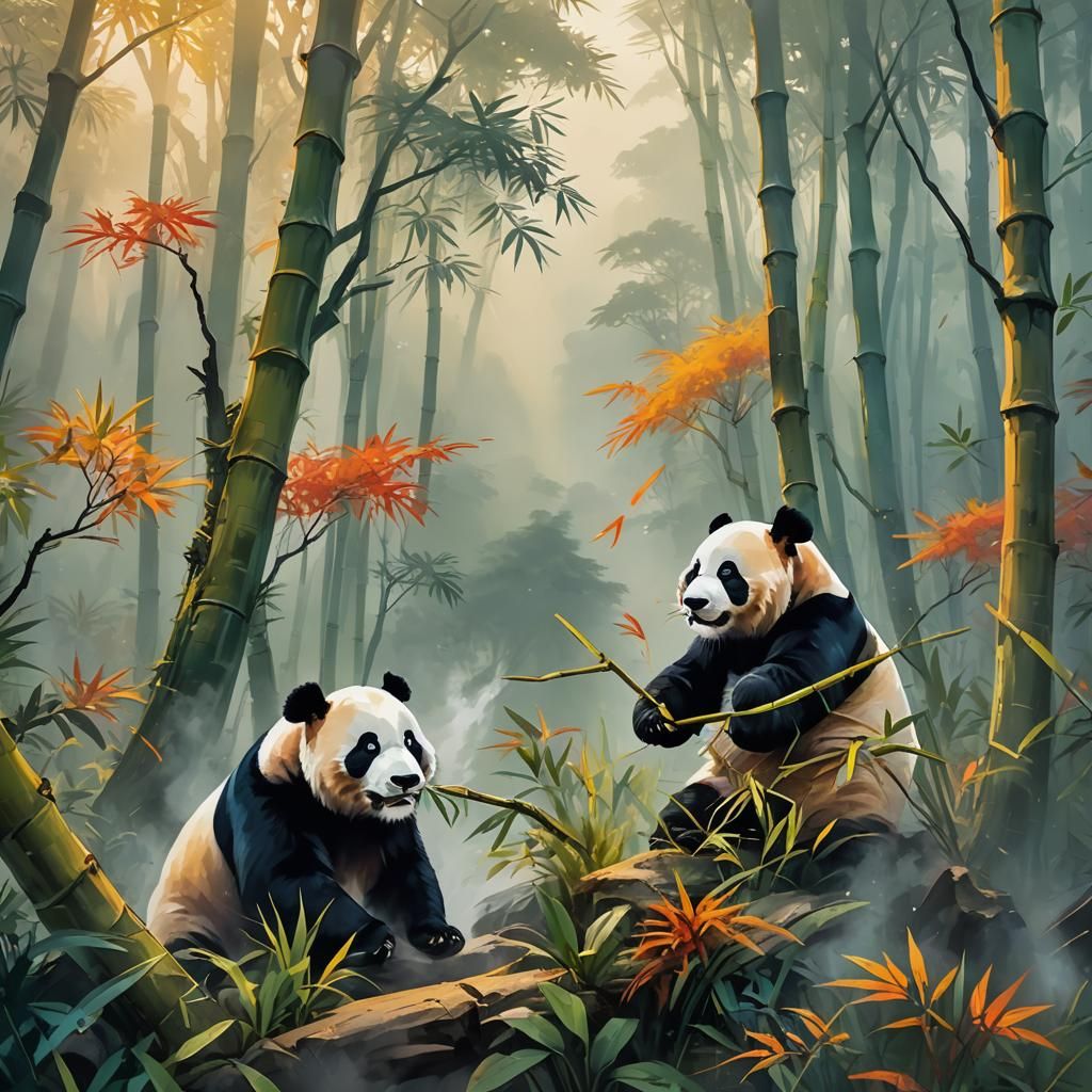 Pandas Fighting in Misty Chinese Forest, Fauvist Style
