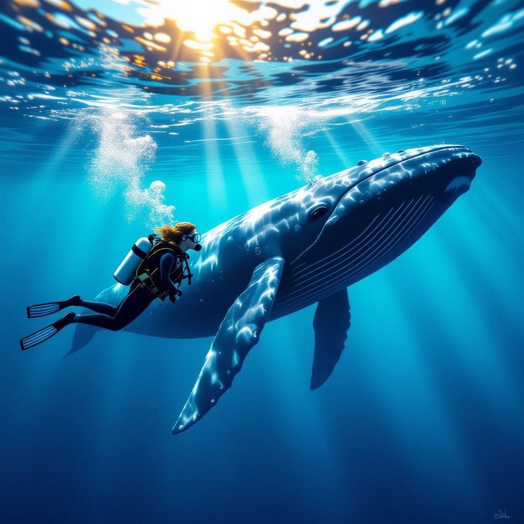 Scuba Diver and Blue Whale in Underwater Canyon