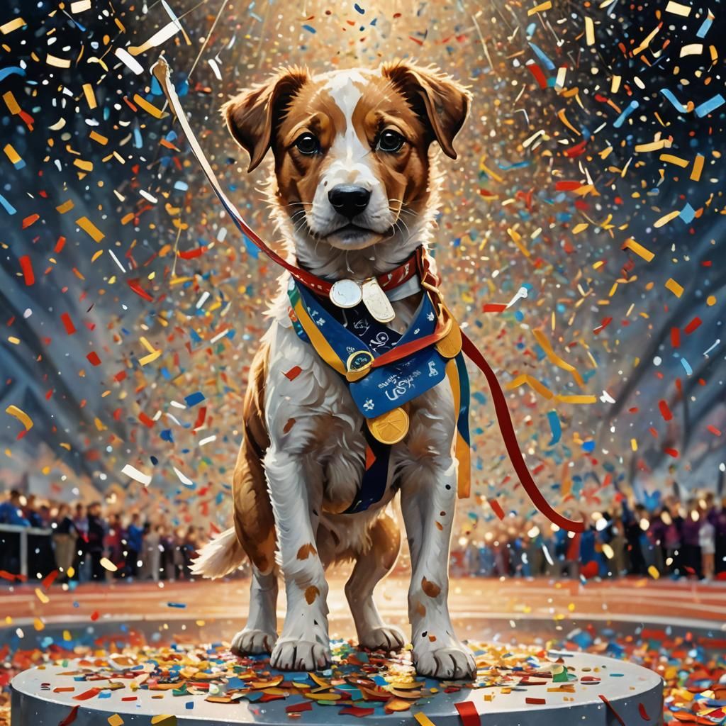 Puppy's Javelin Triumph: Olympic Gold in Impressionistic Sty...