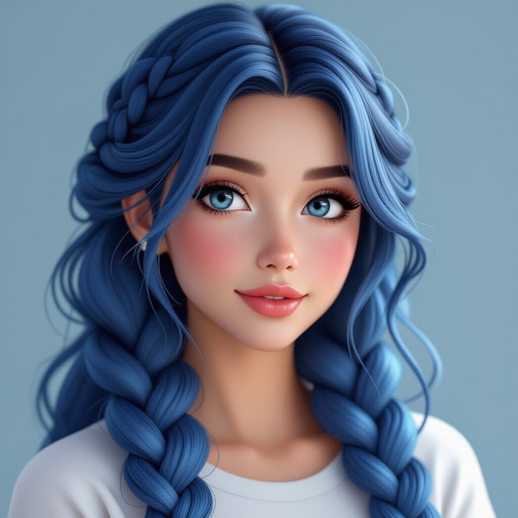 Hyperrealistic Close-Up of Woman with Blue Braided Hair