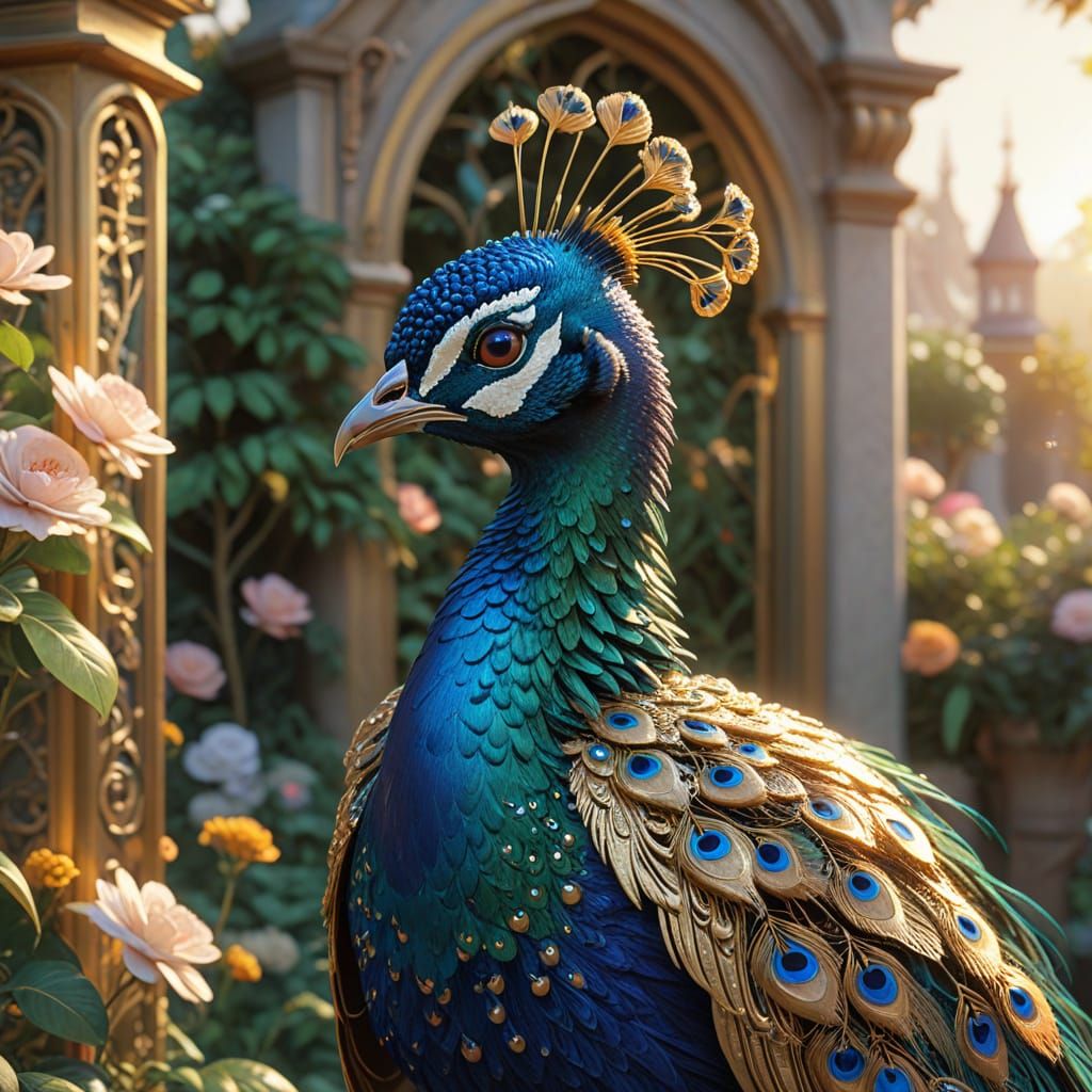 Art Nouveau Peacock in Victorian Garden