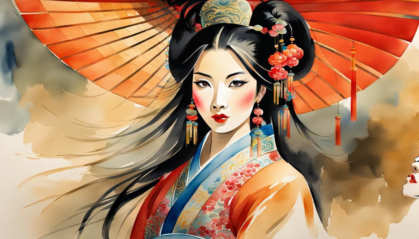 Chinese Woman in Dynamic Watercolor Painting