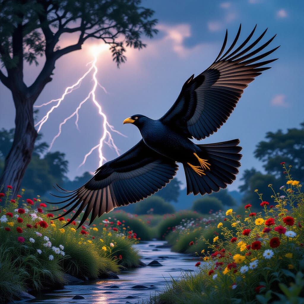 Majestic Black Bird in Stormy Landscape