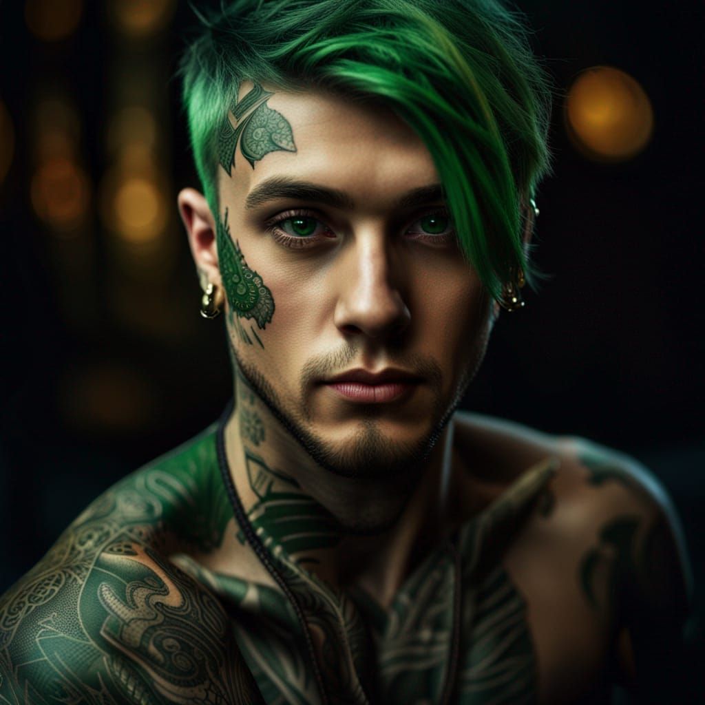 Handsome Green-Haired Student with Tattoos: Hyperrealistic P...