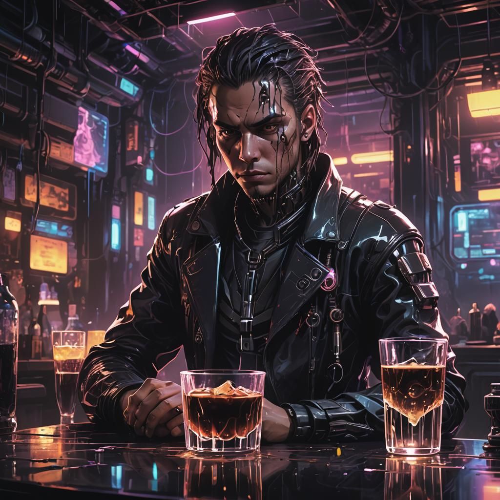 Brooding Digimon in Cyberpunk Bar with Dark Drink