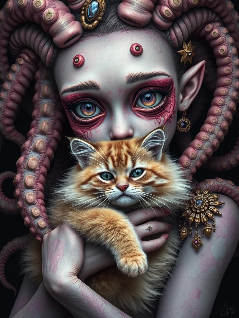Surreal Body Horror Portrait with Tentacles and Jewelry