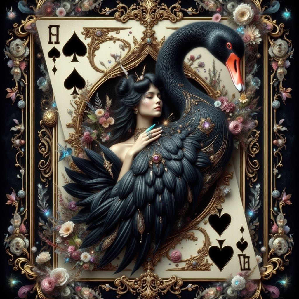 Black Swan Emerges from Ornate Playing Card