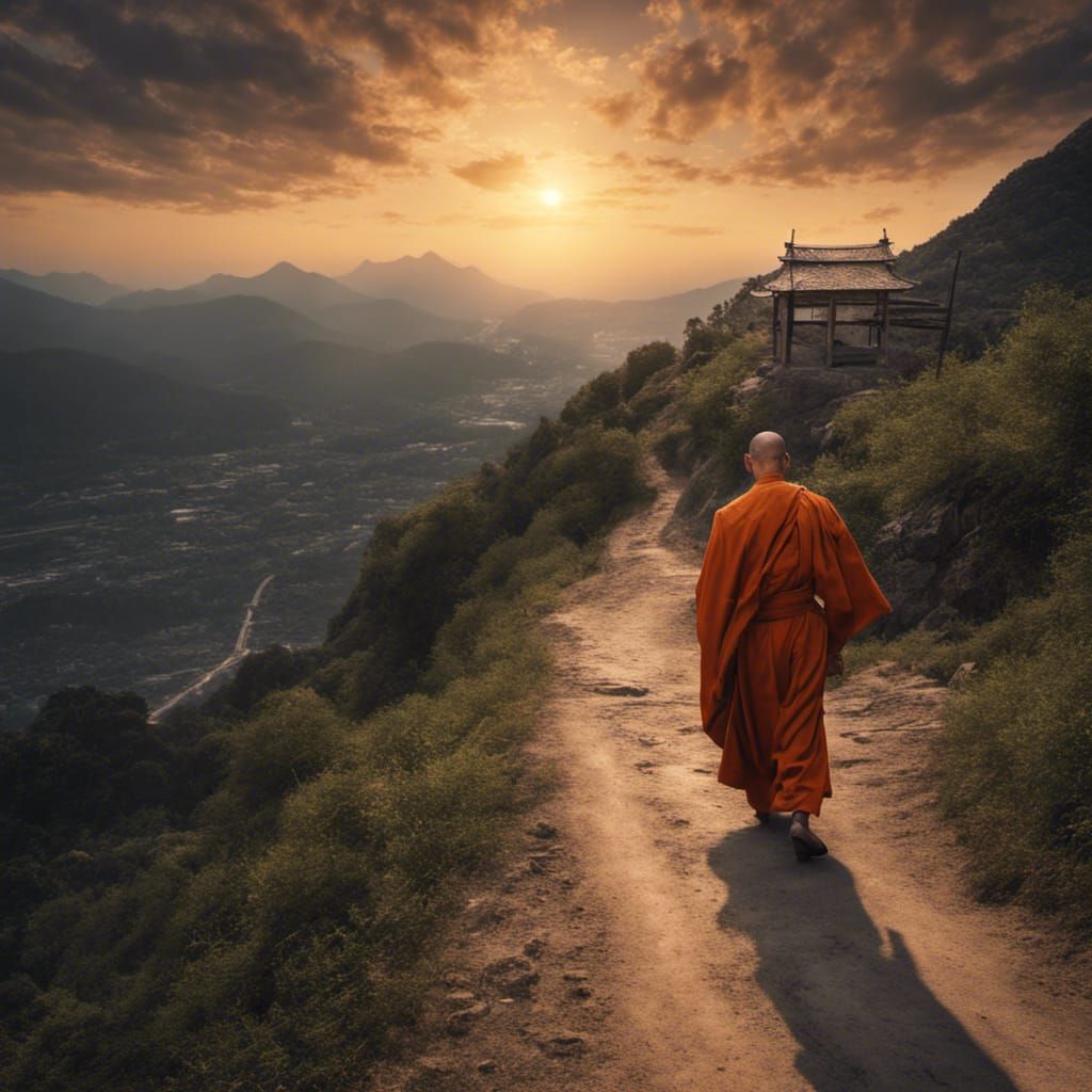 Monk Ascends Mountain Road at Sunset: Hyperrealistic Image