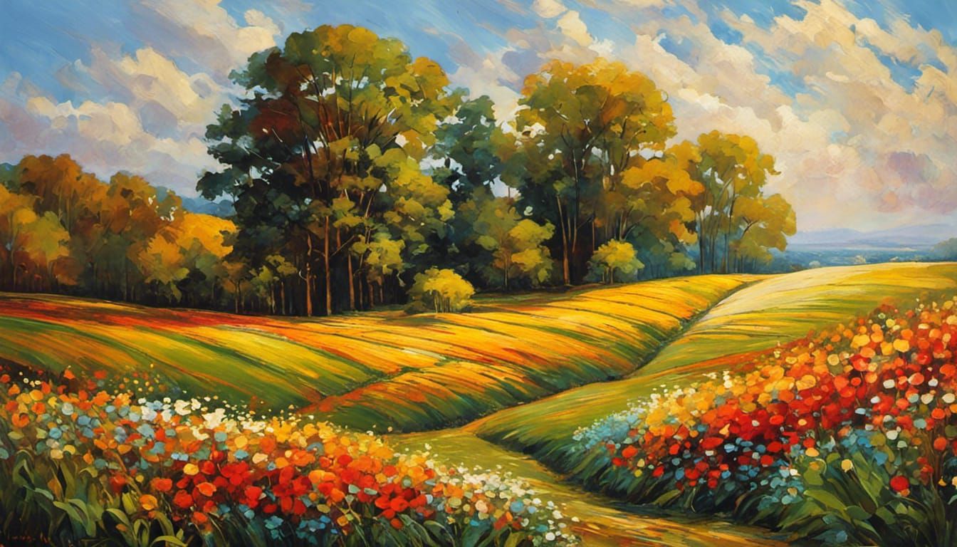 Neo-Impressionist Mountain Landscape with Waterfalls and Cab...