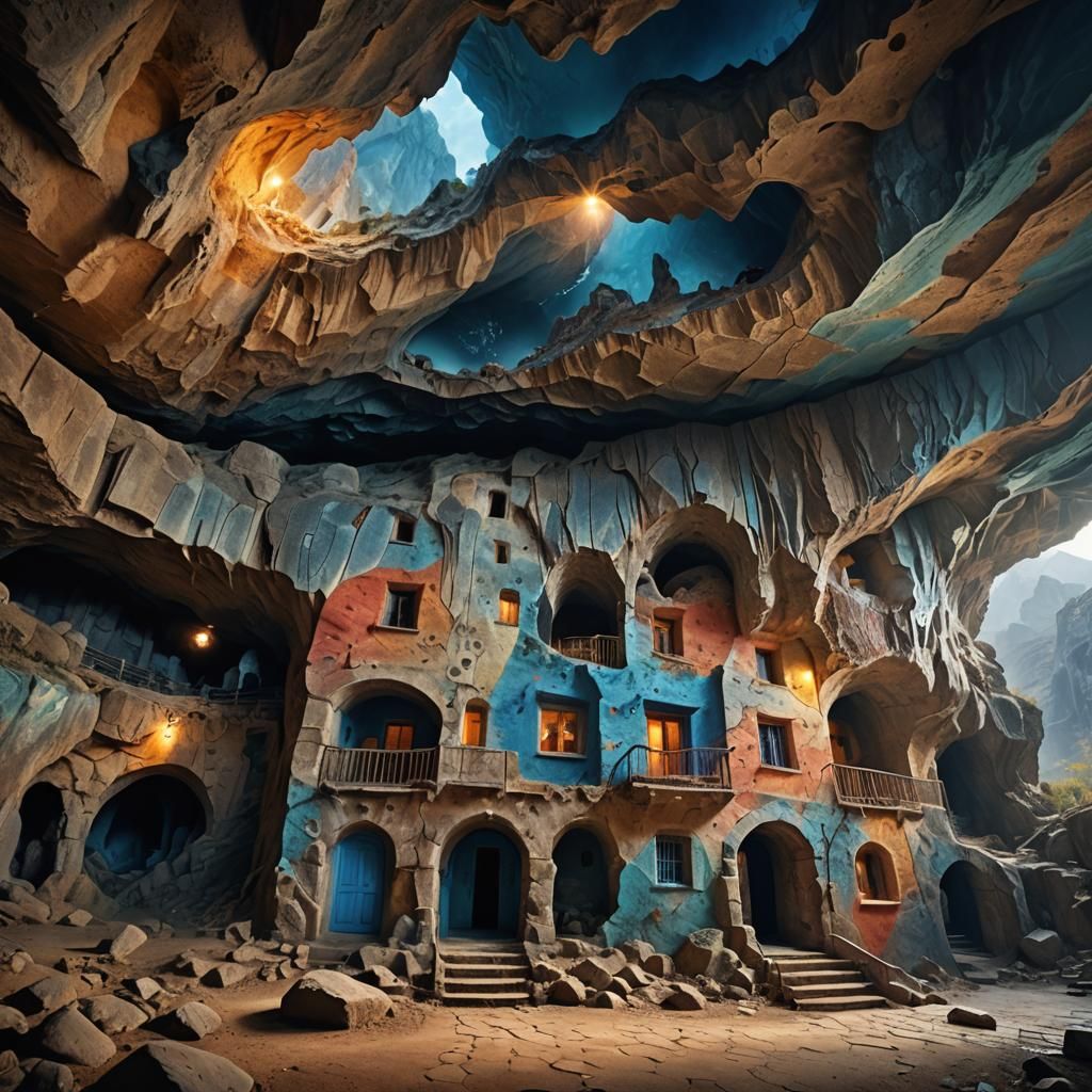 Hyper-Realistic Multicolored House Inside Mountain Cave