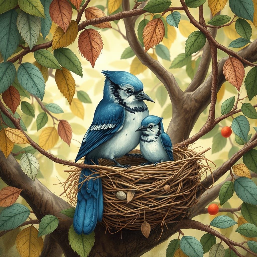 Blue Jays Weave Nest in Vibrant Storybook Tree