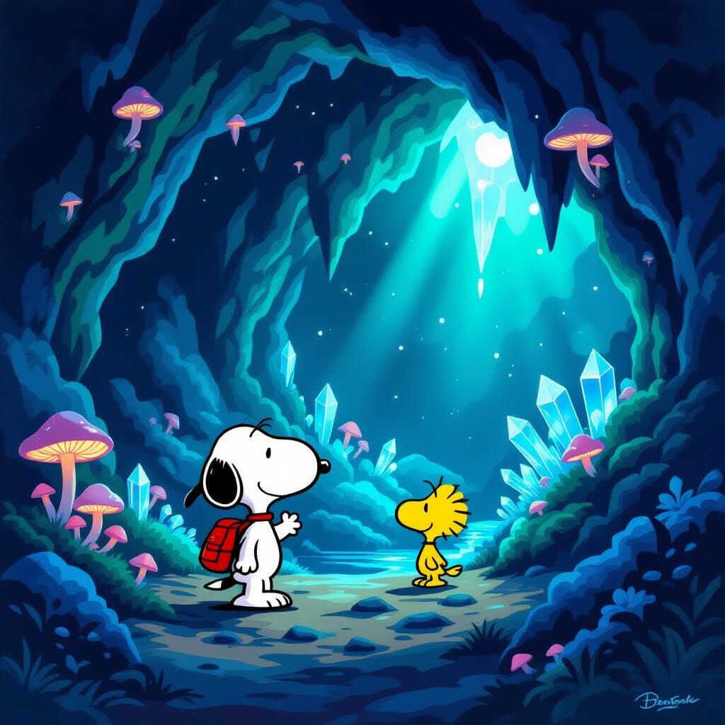 Snoopy and Woodstock Explore Glowing Bioluminescent Cave