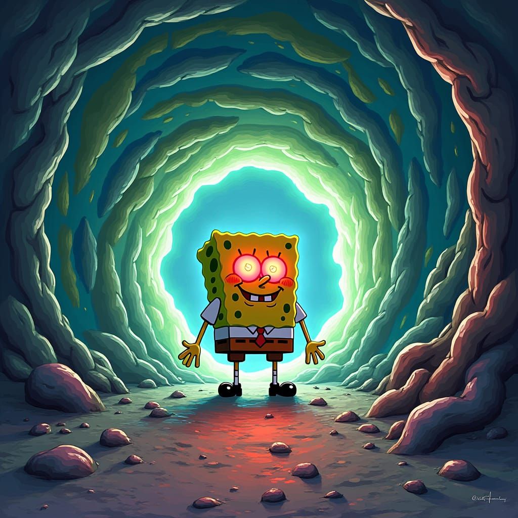 SpongeBob Emerges from Portal with Glowing Eyes