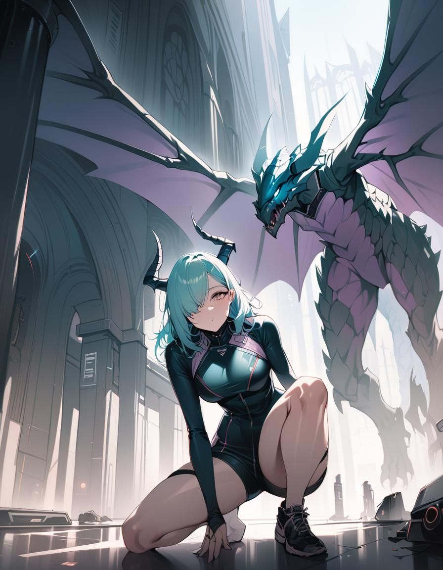 Dragon Girl in Mecha Cockpit with Soft Lighting