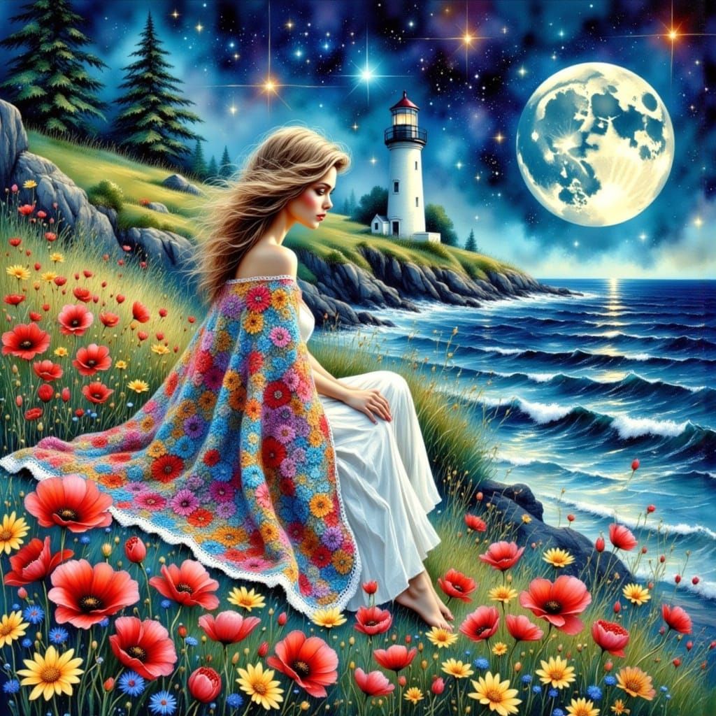 Enchanting Woman in Poppy Field Under Starry Sky