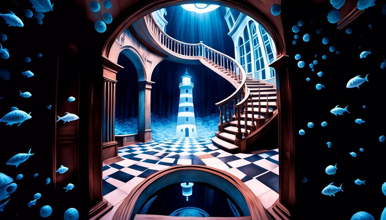 Dark Fantasy Lighthouse Woman in Haunted Mansion